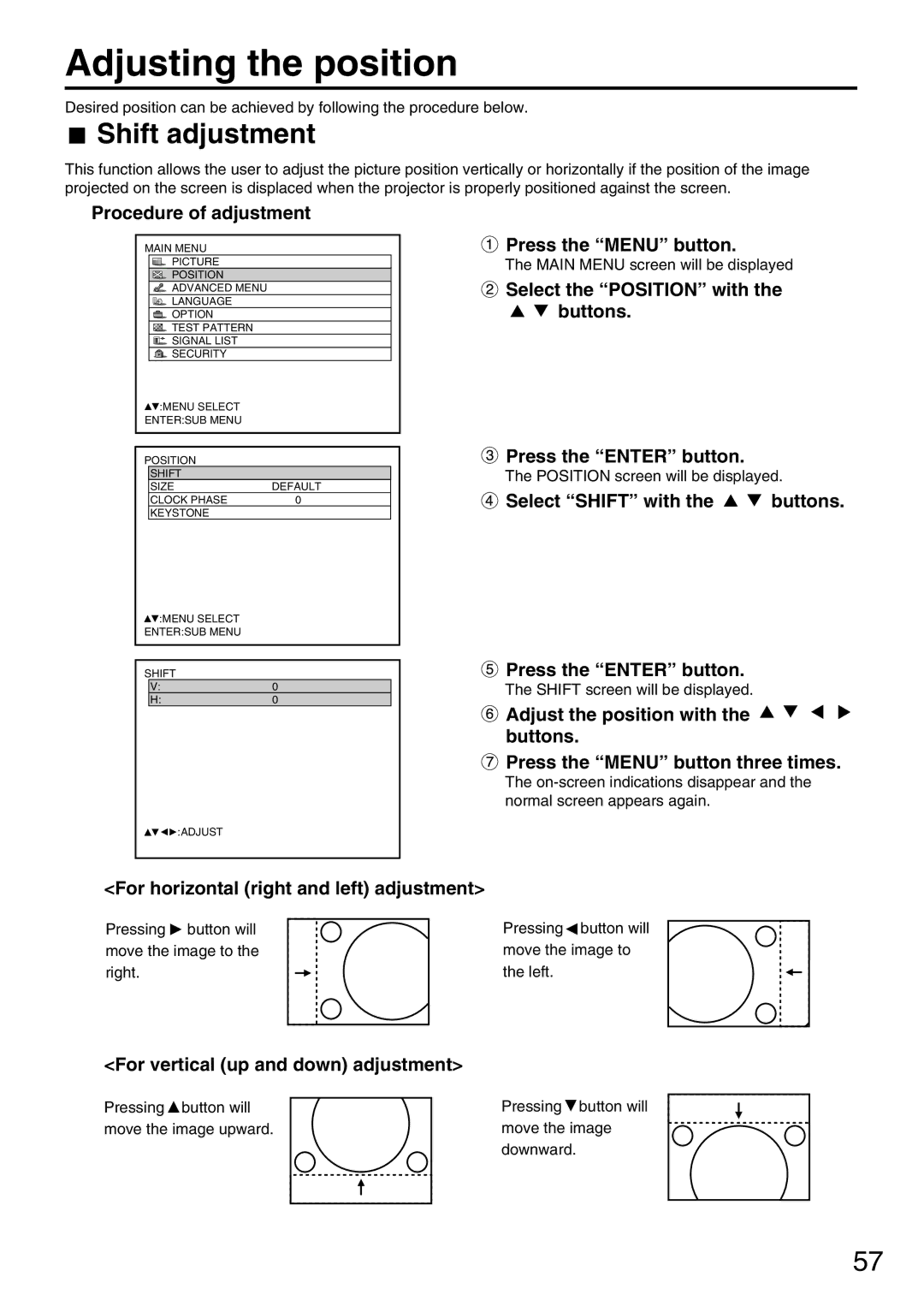 Panasonic PT-DW7000U, PT-D7700U manual Adjusting the position, Shift adjustment 