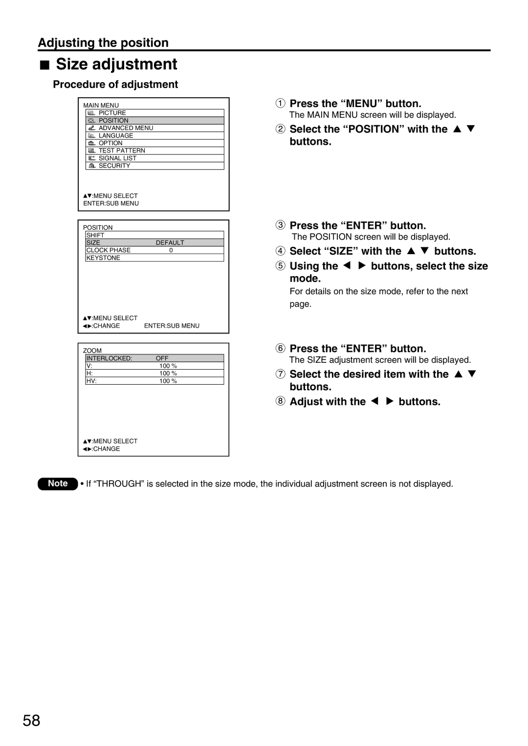 Panasonic PT-D7700U, PT-DW7000U manual Size adjustment 