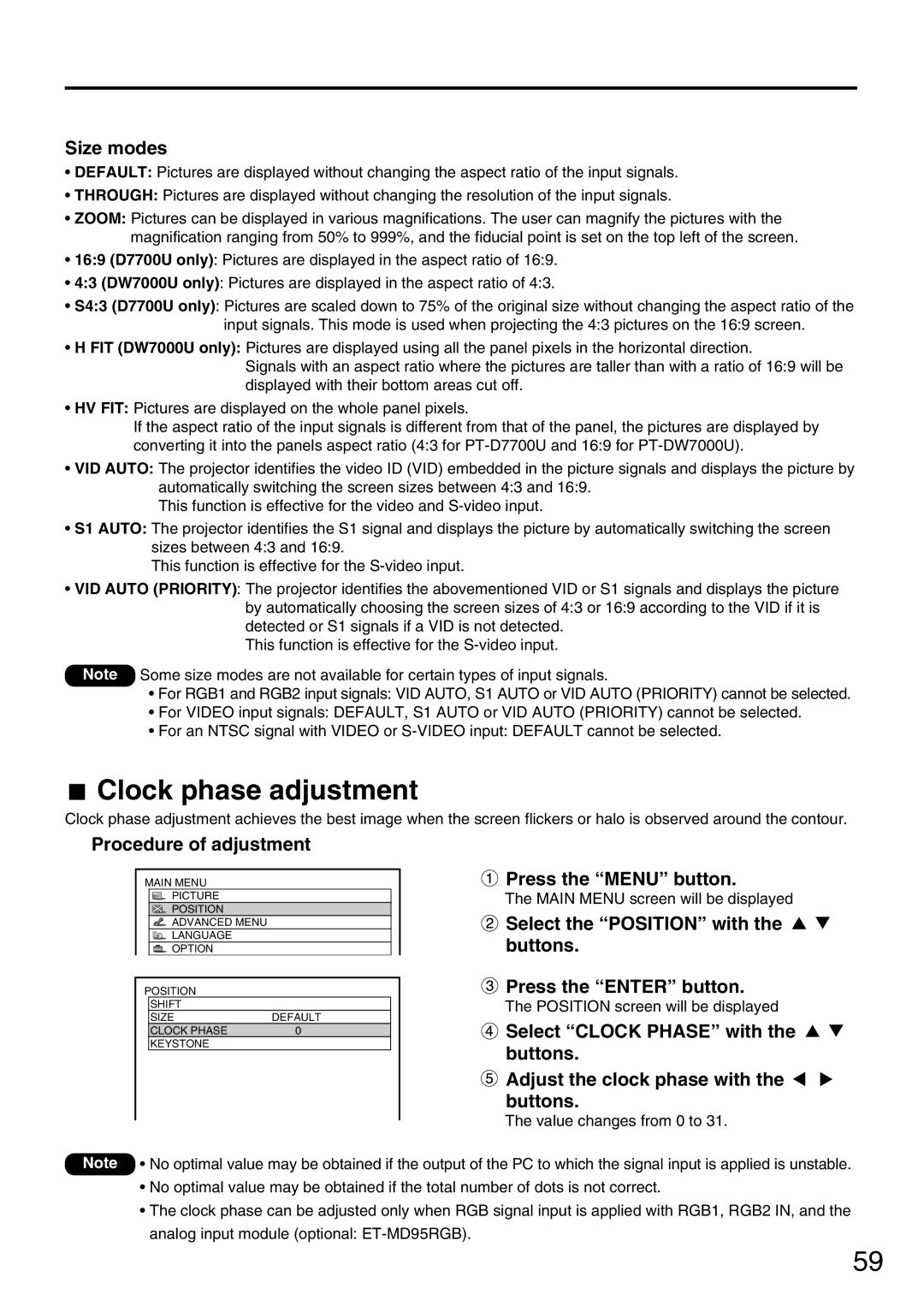 Panasonic PT-DW7000U, PT-D7700U manual Clock phase adjustment, Size modes, Select the Position with, Select Clock Phase with 