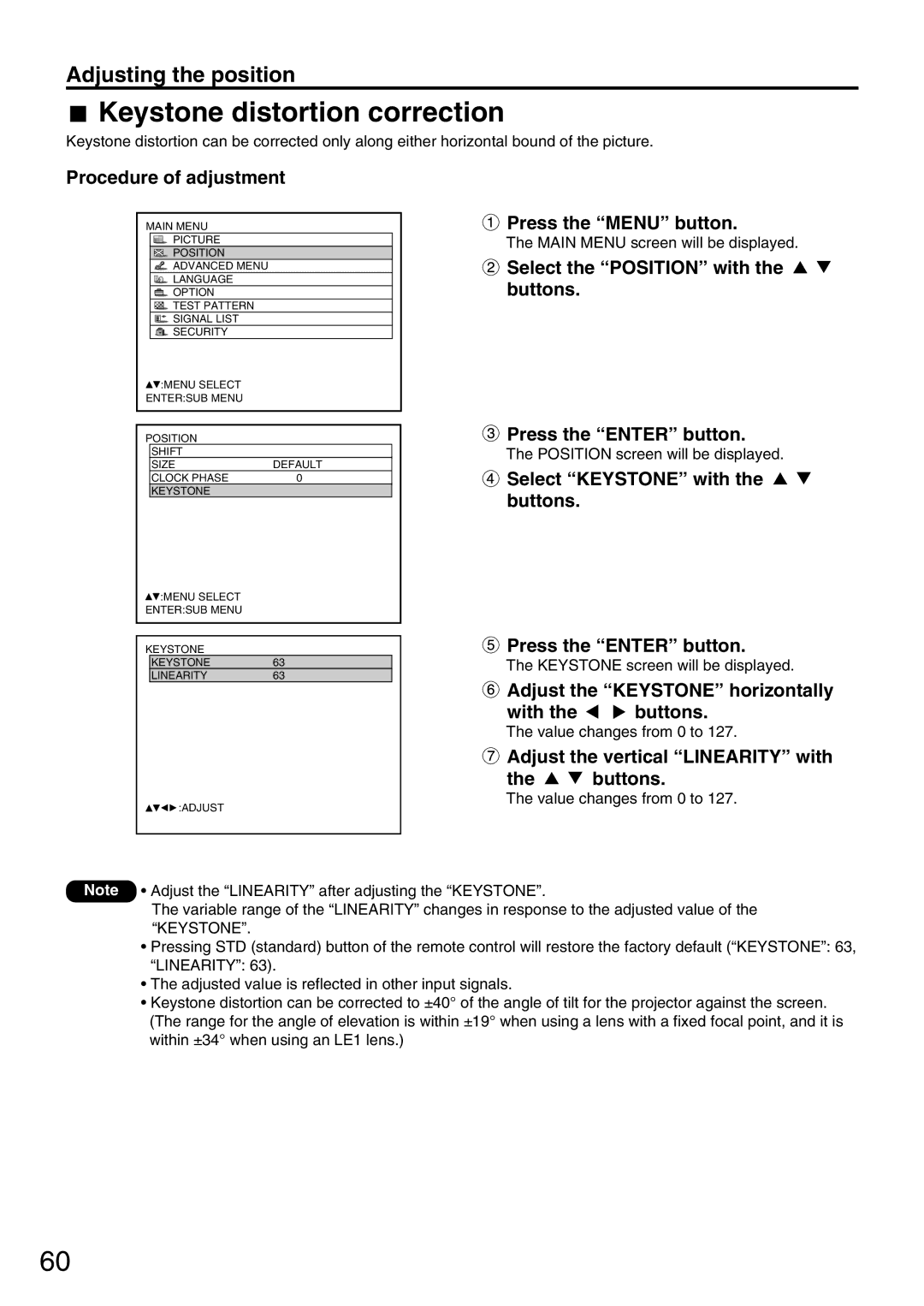 Panasonic PT-D7700U Keystone distortion correction, Select Keystone with the buttons Press the Enter button, Linearity 