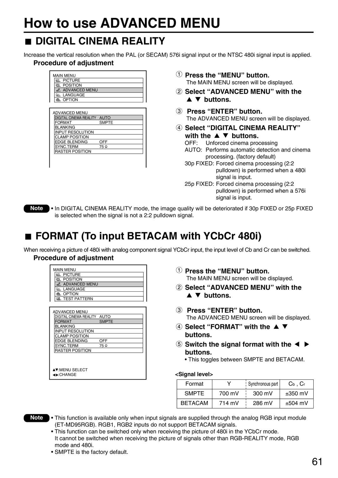 Panasonic PT-DW7000U, PT-D7700U manual How to use Advanced Menu, Format To input Betacam with YCbCr, Signal level 