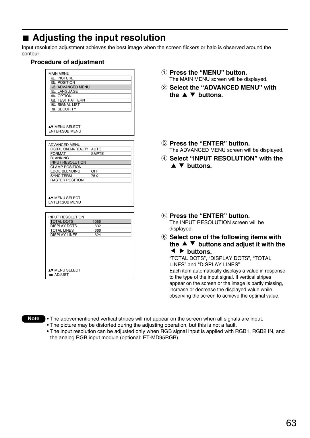 Panasonic PT-DW7000U, PT-D7700U Adjusting the input resolution, Total DOTS, Display DOTS, Total Lines and Display Lines 