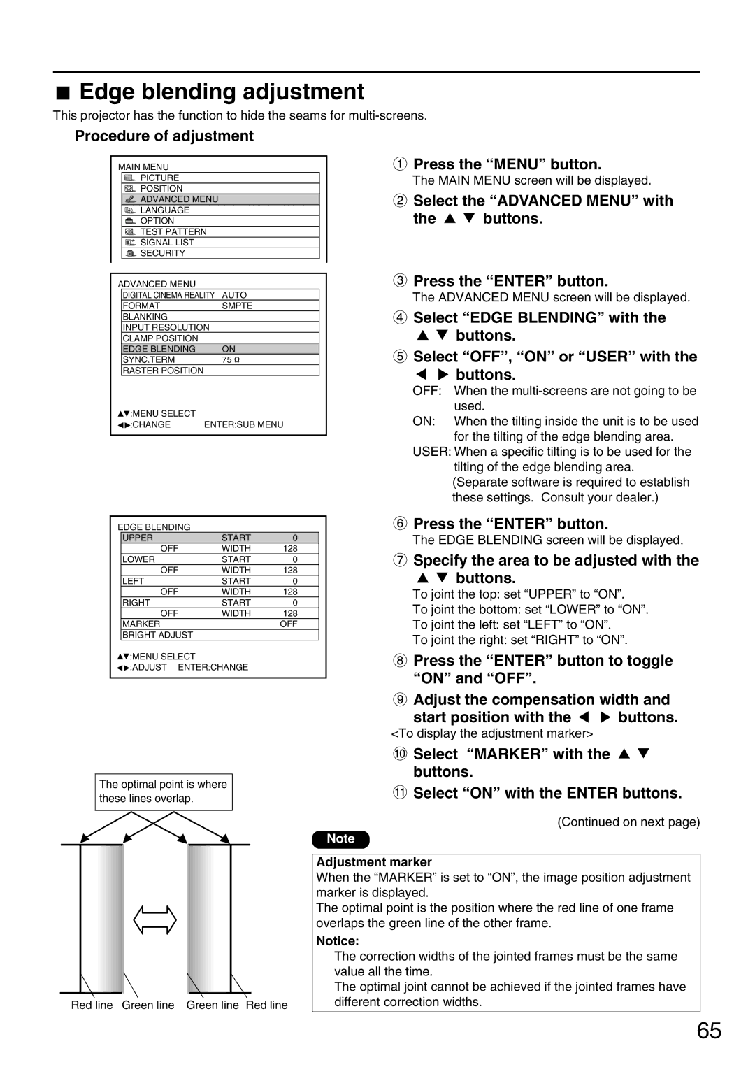 Panasonic PT-DW7000U manual Edge blending adjustment, Specify the area to be adjusted with the buttons, Adjustment marker 