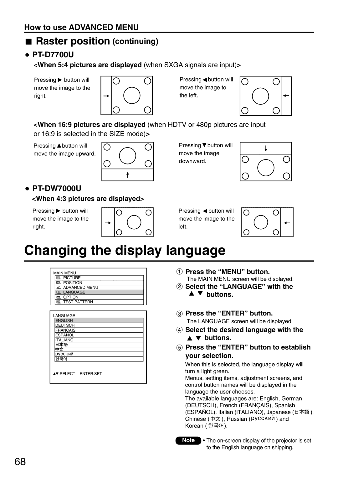 Panasonic PT-D7700U, PT-DW7000U Changing the display language, Raster position continuing, When 43 pictures are displayed 