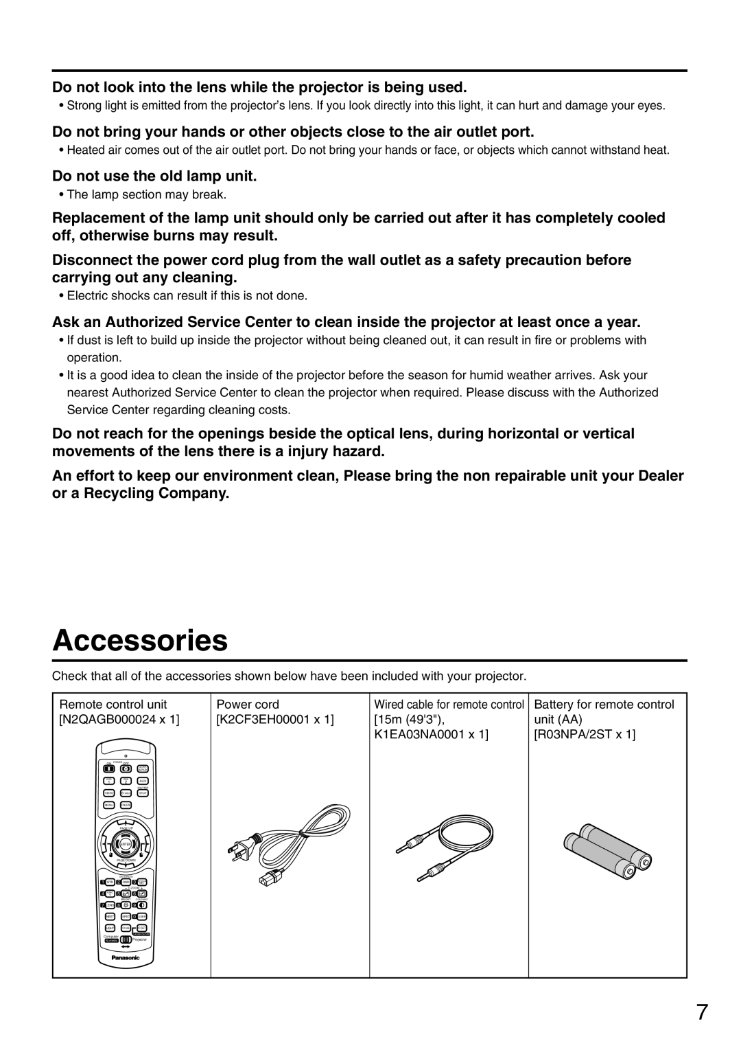 Panasonic PT-DW7000U, PT-D7700U manual Accessories, Do not look into the lens while the projector is being used 