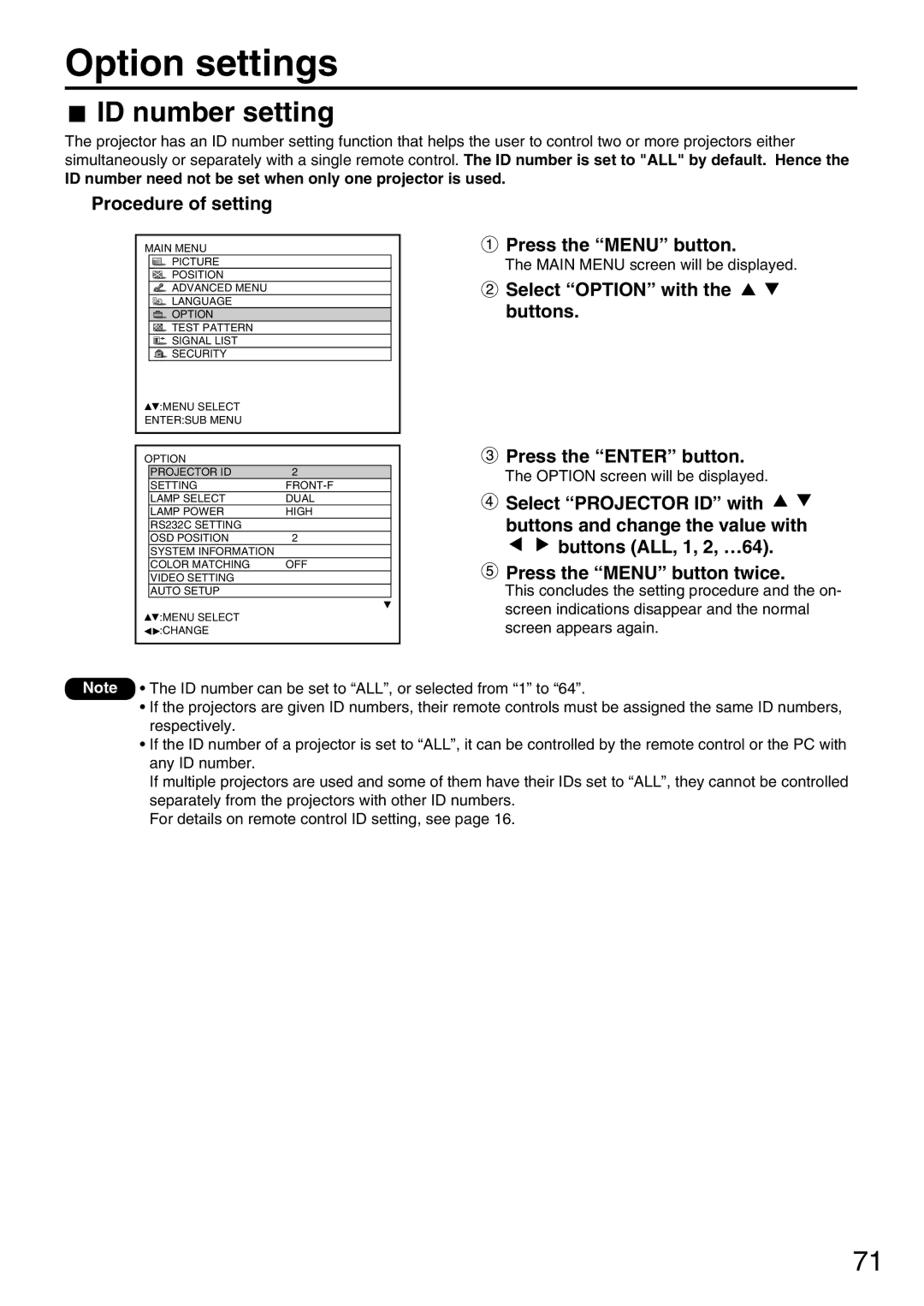 Panasonic PT-DW7000U, PT-D7700U manual Option settings, ID number setting, Procedure of setting 