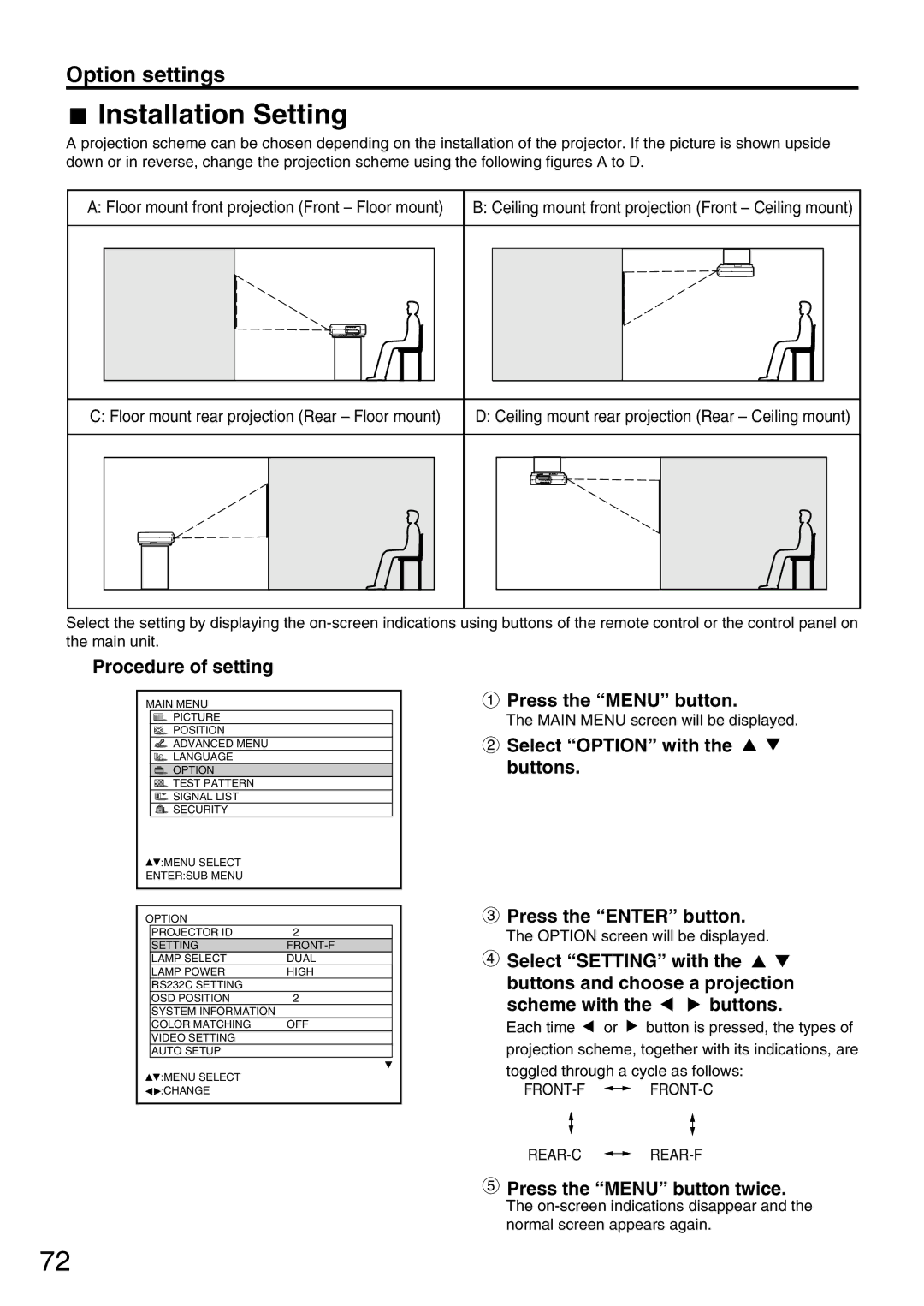 Panasonic PT-D7700U, PT-DW7000U manual Installation Setting, Front-F Front-C Rear-C Rear-F 