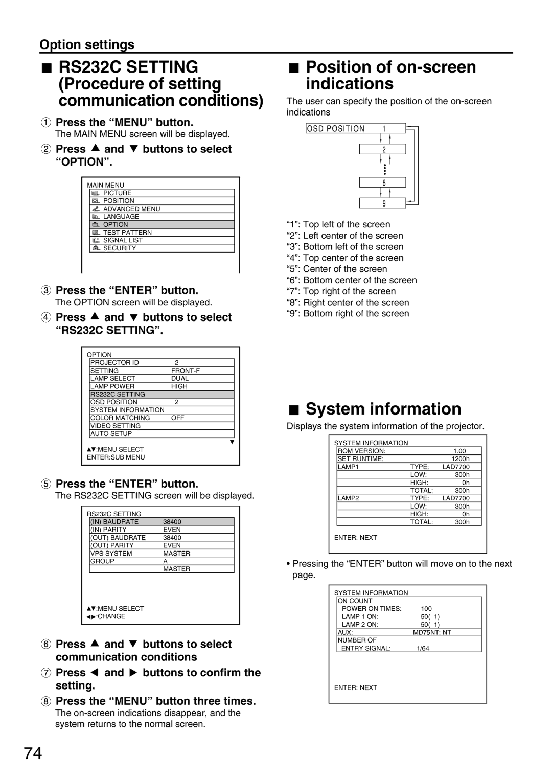 Panasonic PT-D7700U, PT-DW7000U Position of on-screen indications, System information, Press and buttons to select Option 