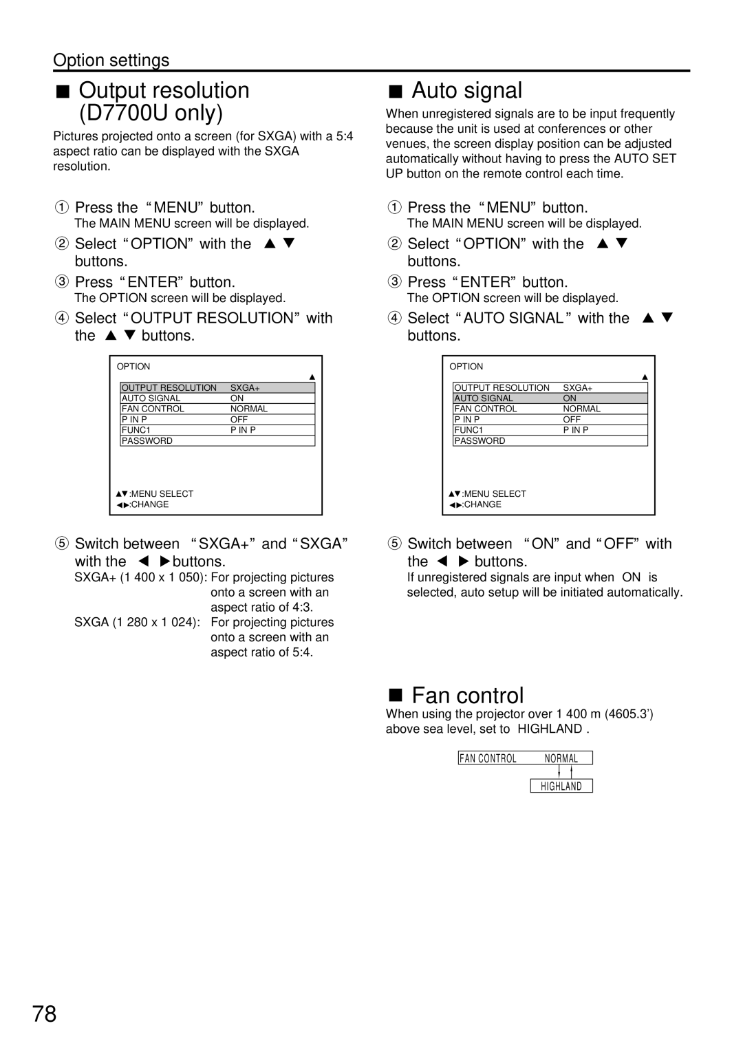 Panasonic PT-D7700U, PT-DW7000U manual Output resolution D7700U only, Auto signal, Fan control 