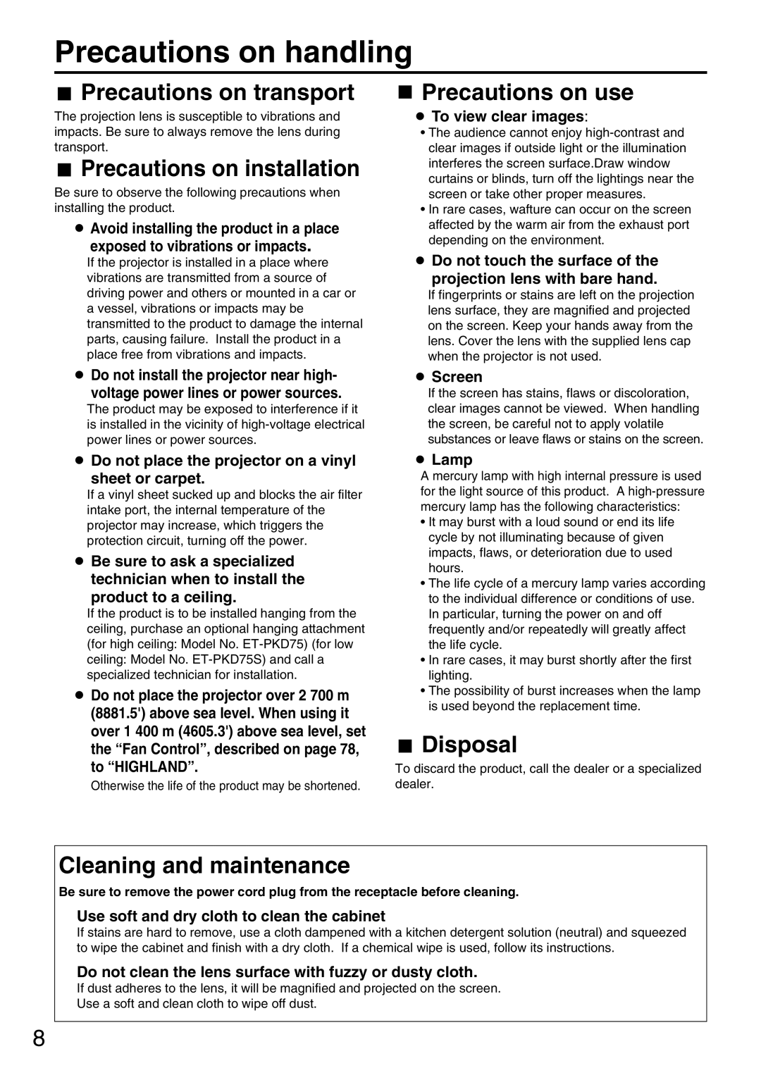 Panasonic PT-D7700U, PT-DW7000U manual Precautions on handling 