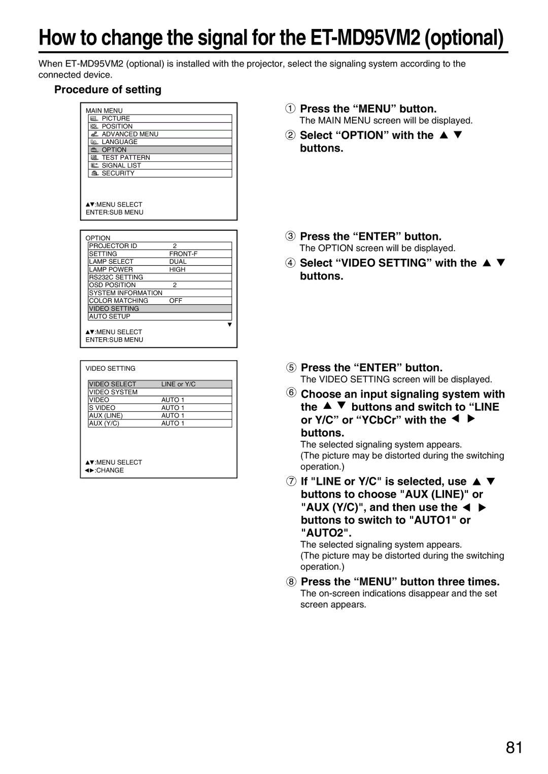 Panasonic PT-DW7000U, PT-D7700U manual How to change the signal for the ET-MD95VM2 optional 