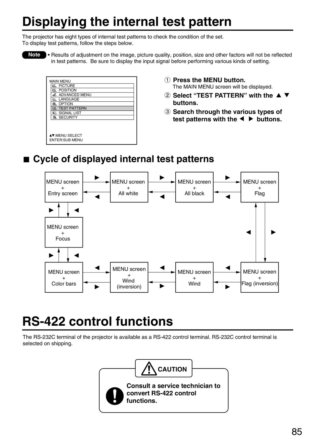 Panasonic PT-DW7000U, PT-D7700U manual Displaying the internal test pattern, RS-422 control functions 