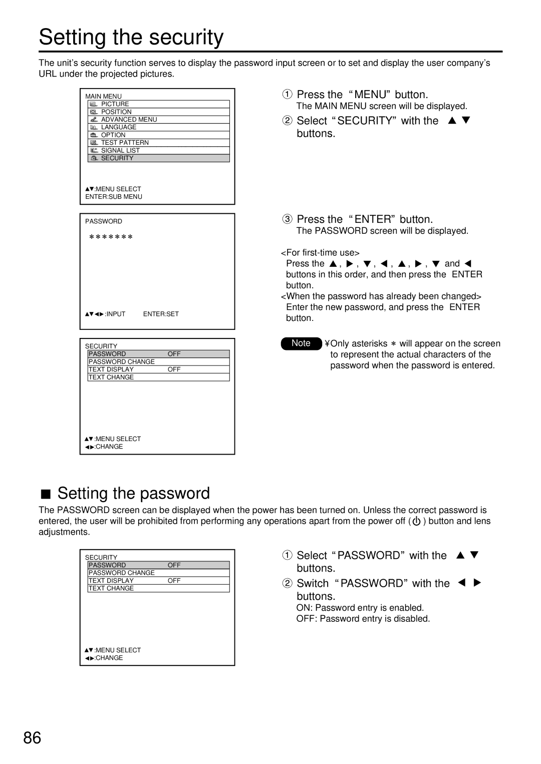 Panasonic PT-D7700U Setting the security, Setting the password, Select Security with the buttons Press the Enter button 