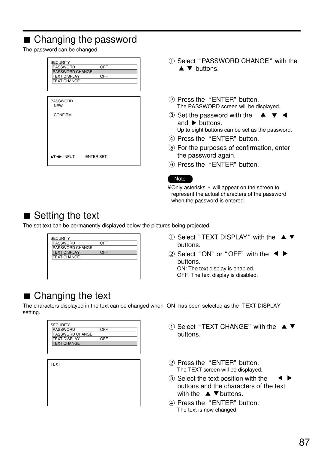 Panasonic PT-DW7000U Changing the password, Setting the text, Changing the text, Set the password with the , , and buttons 