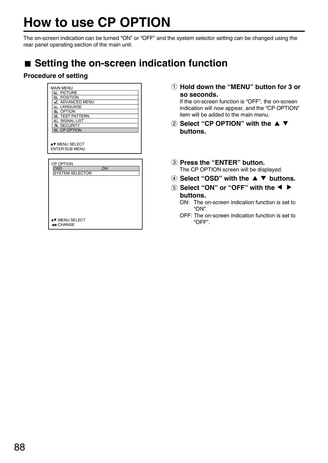 Panasonic PT-D7700U How to use CP Option, Setting the on-screen indication function, Select CP Option with the buttons 