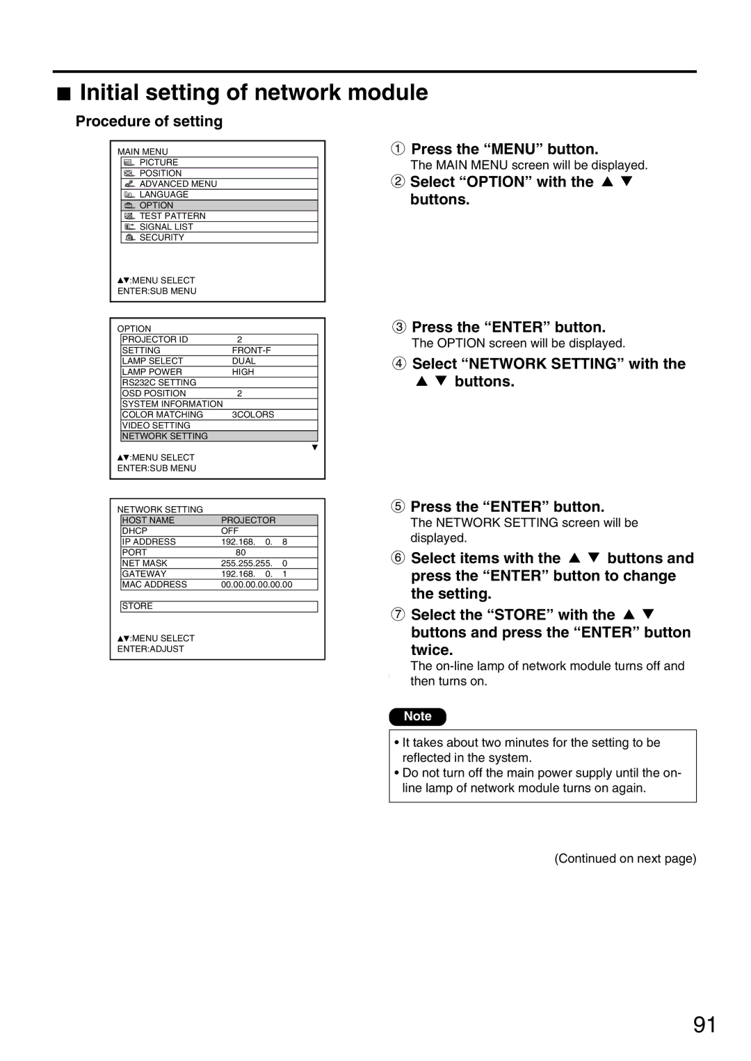 Panasonic PT-DW7000U, PT-D7700U manual Initial setting of network module, Press the Menu button 