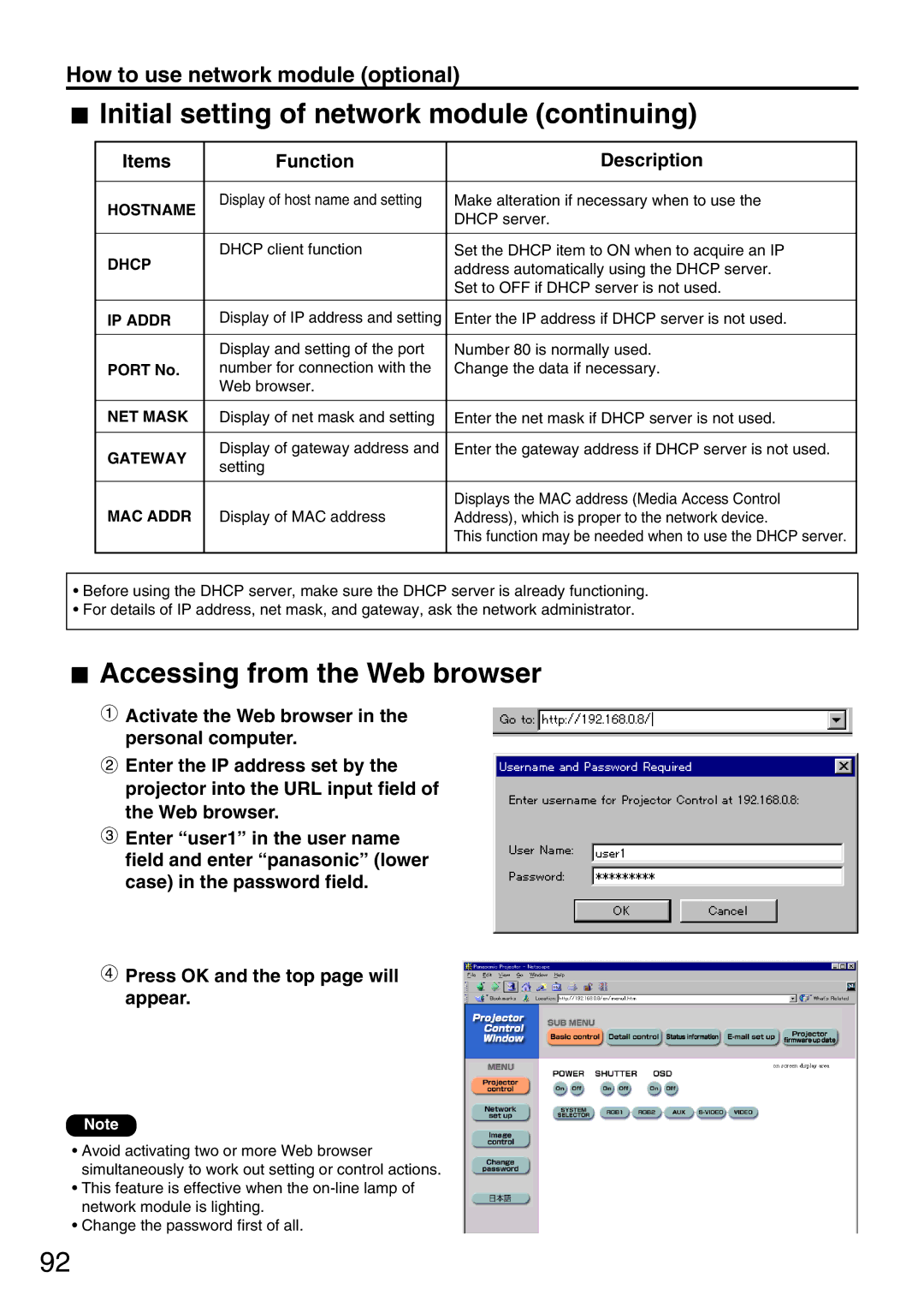 Panasonic PT-D7700U, PT-DW7000U manual Initial setting of network module continuing, Accessing from the Web browser, Port No 