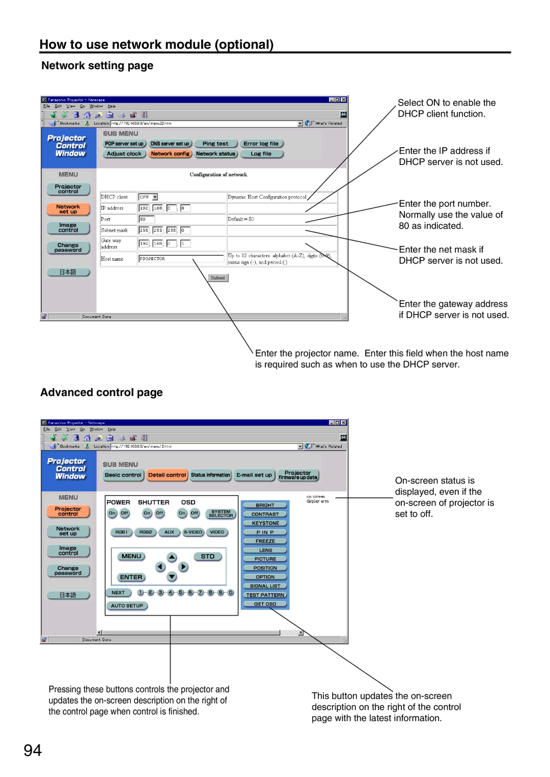 Panasonic PT-D7700U, PT-DW7000U manual Network setting Advanced control 