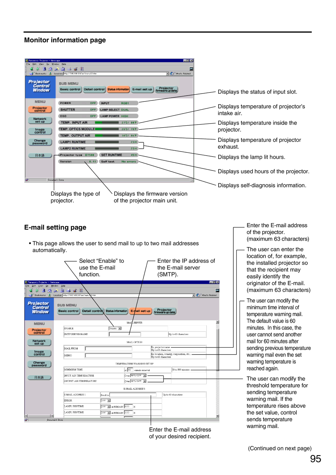 Panasonic PT-DW7000U, PT-D7700U manual Monitor information, Mail setting, Smtp 