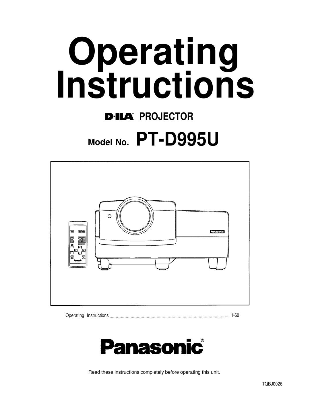 Panasonic PT-D995U operating instructions Operating Instructions 