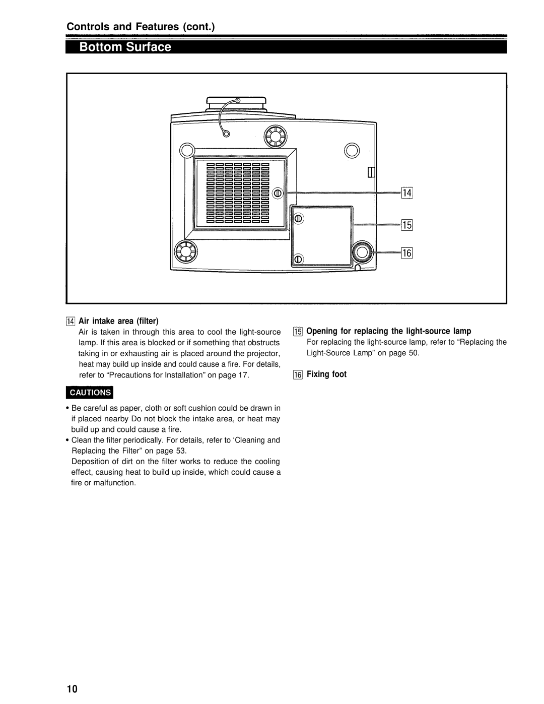 Panasonic PT-D995U Bottom Surface, Air intake area filter, Opening for replacing the light-source lamp, Fixing foot 