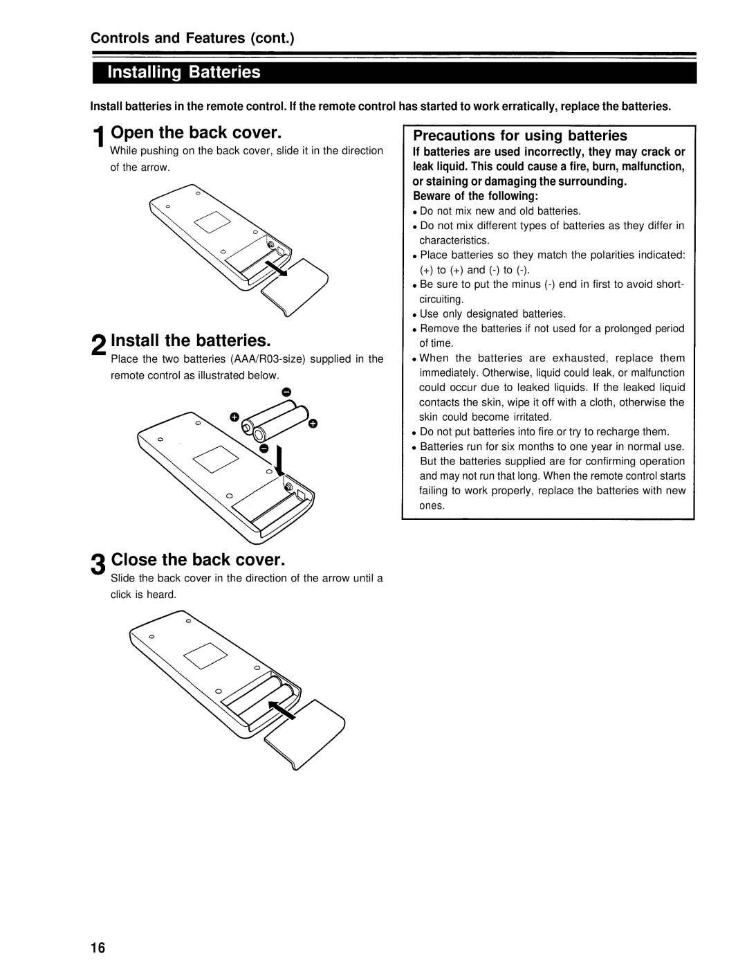 Panasonic PT-D995U Installing Batteries, Open the back cover, Install the batteries, Close the back cover 