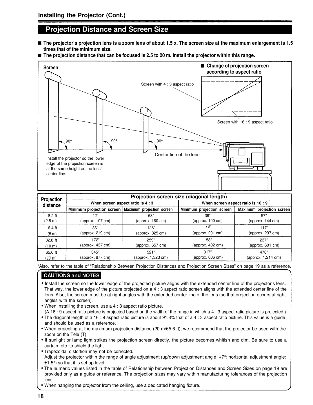 Panasonic PT-D995U Projection Distance and Screen Size, Installing the Projector, According to aspect ratio 