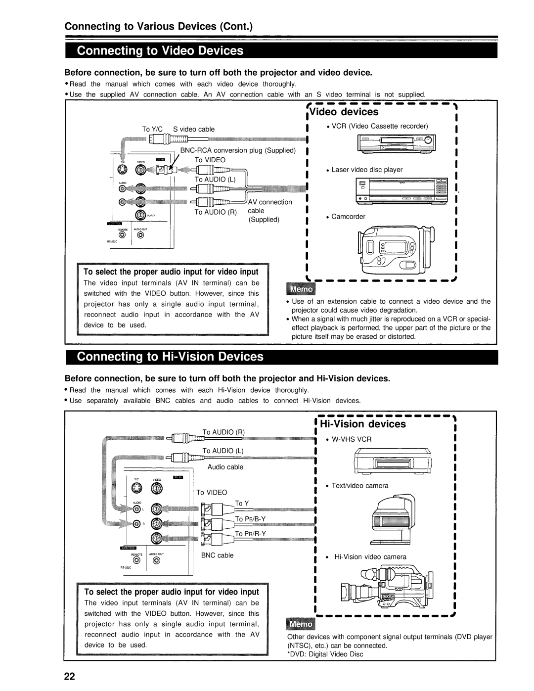 Panasonic PT-D995U Connecting to Video Devices, Connecting to Hi-Vision Devices, Video devices, Hi-Vision devices 