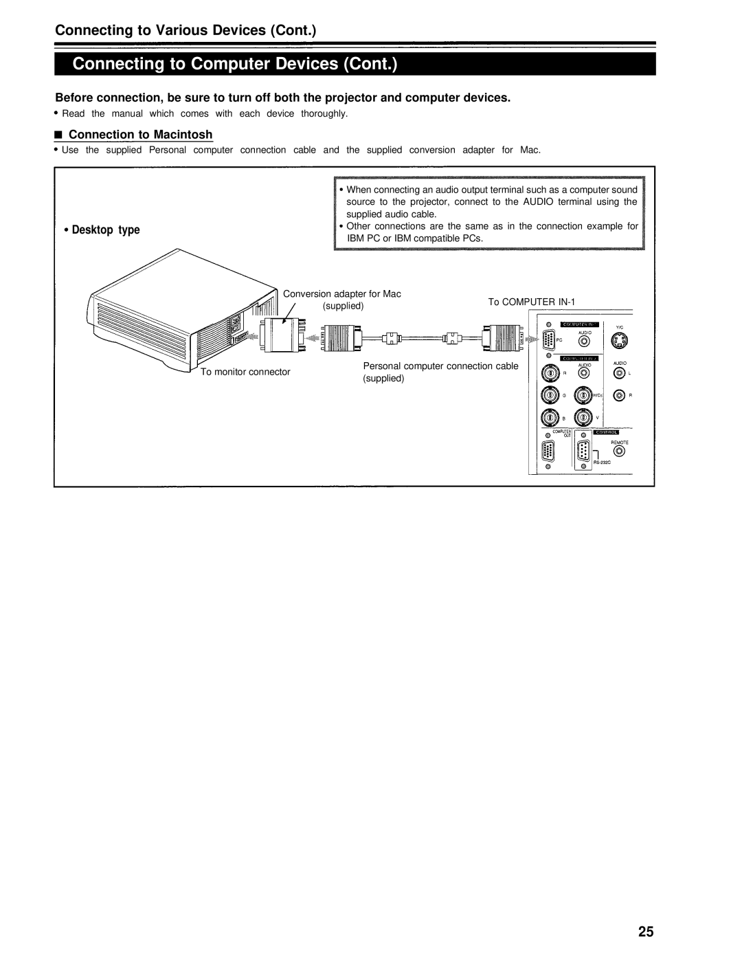 Panasonic PT-D995U operating instructions Connection to Macintosh 