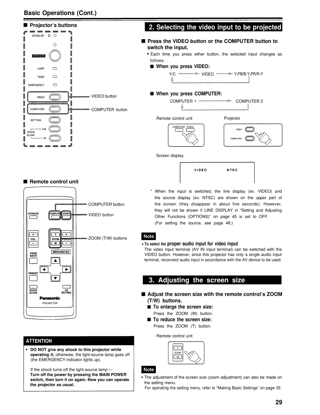 Panasonic PT-D995U operating instructions When you press Video, When you press Computer, To reduce the screen size 