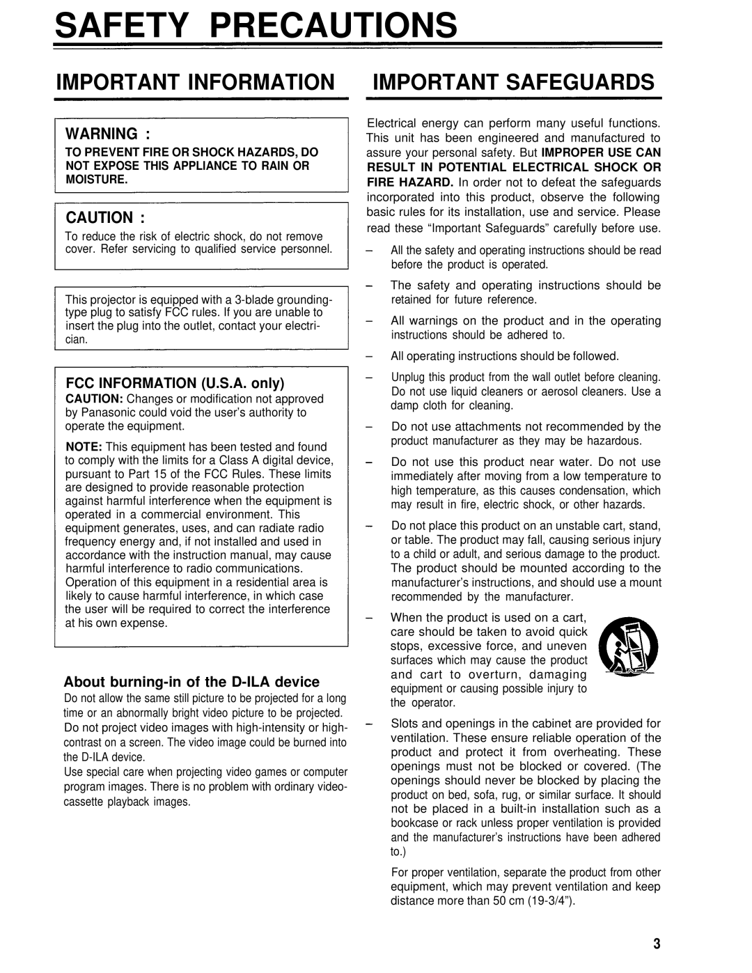 Panasonic PT-D995U operating instructions Safety Precautions 