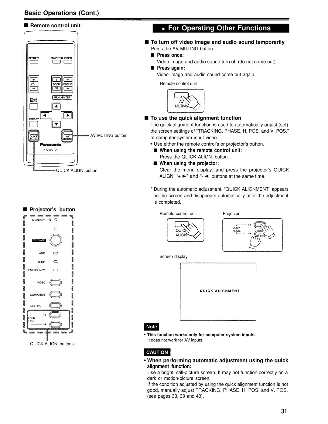 Panasonic PT-D995U Projector’s button, To turn off video image and audio sound temporarily, Press once, Press again 