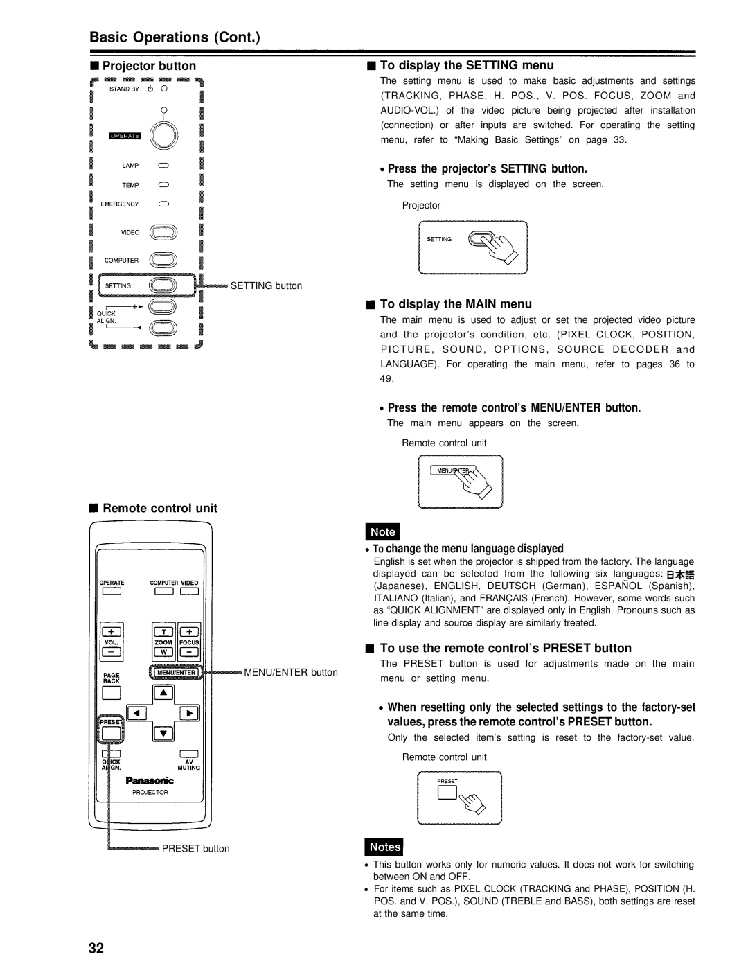 Panasonic PT-D995U Projector button, To display the Setting menu, Press the projector’s Setting button 