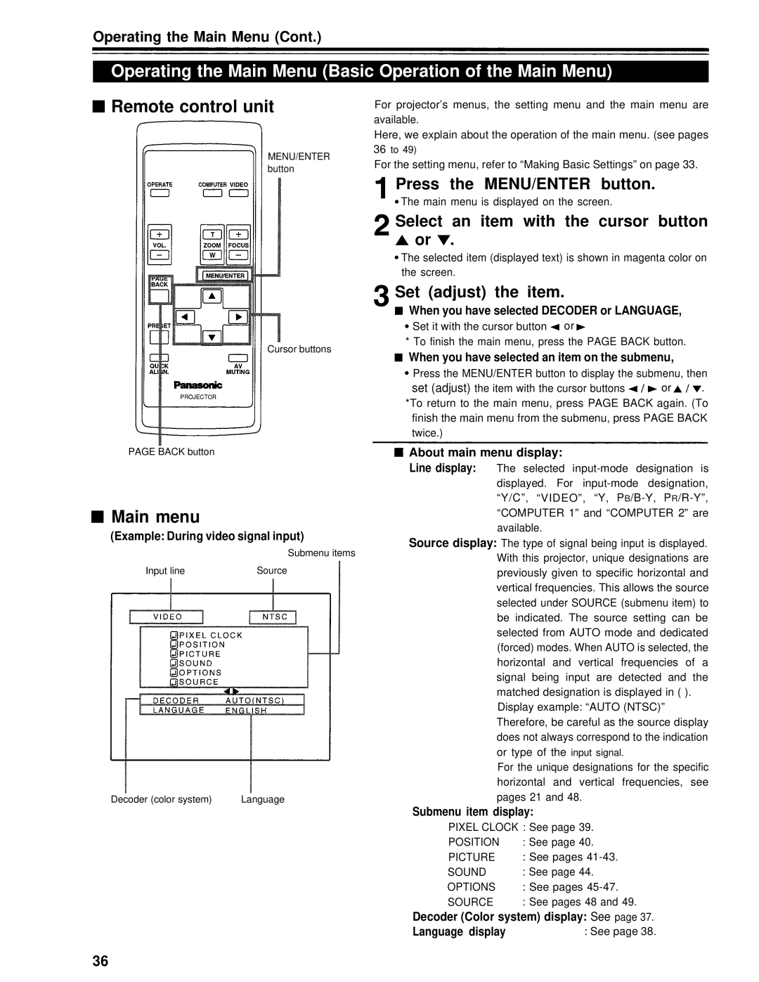 Panasonic PT-D995U Operating the Main Menu Basic Operation of the Main Menu, Remote control unit, Main menu 