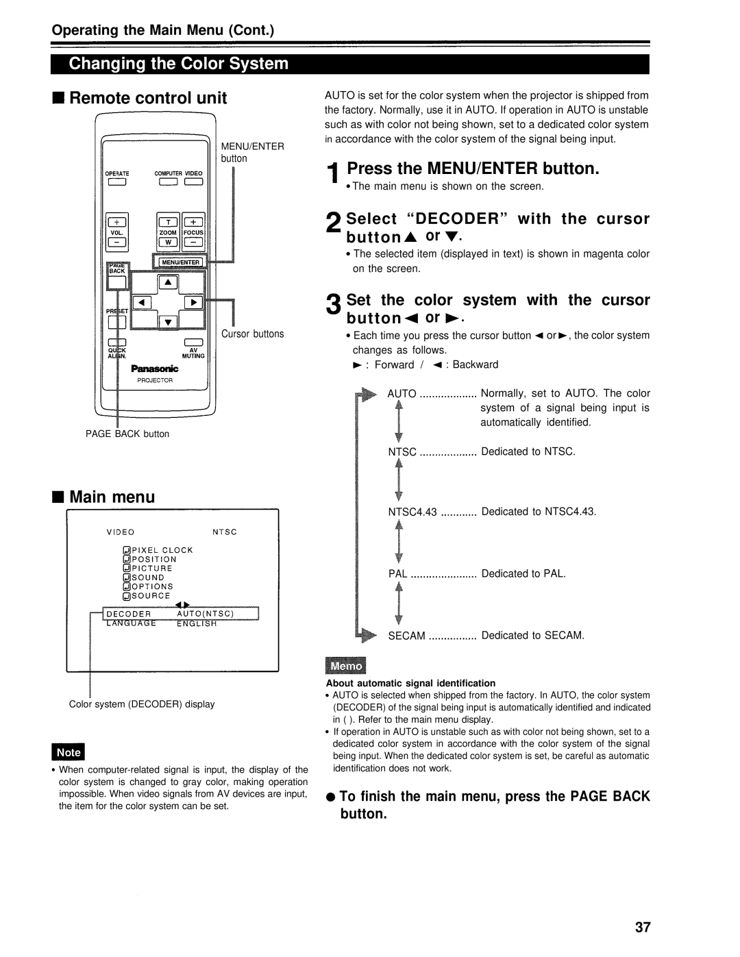 Panasonic PT-D995U Changing the Color System, Press the MENU/ENTER button, Select Decoder with the cursor button or 