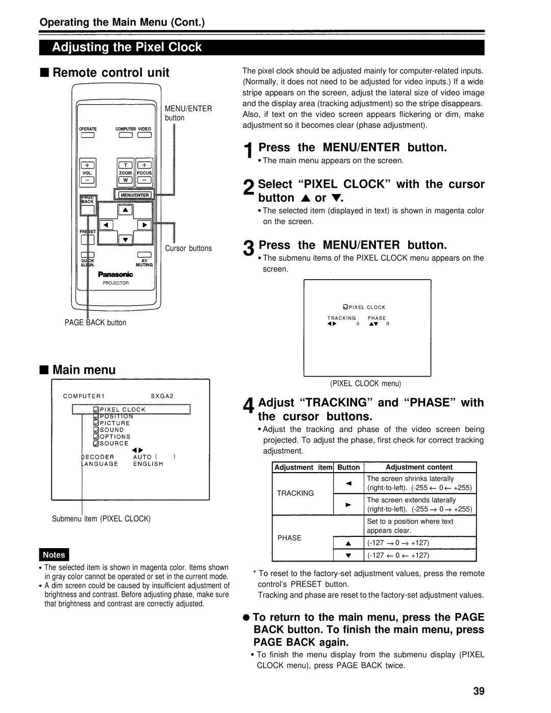 Panasonic PT-D995U operating instructions Adjusting the Pixel Clock, Select Pixel Clock with the cursor Button or 