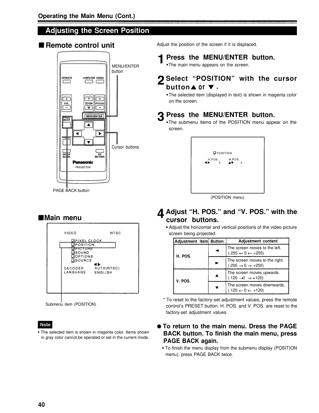 Panasonic PT-D995U operating instructions Adjusting the Screen Position, Select Position with the cursor button or 