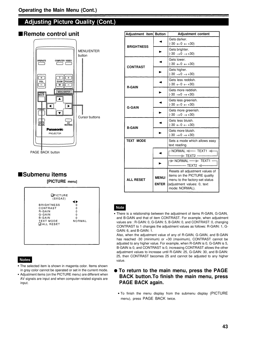 Panasonic PT-D995U operating instructions Brightness Contrast Gain Text Mode 