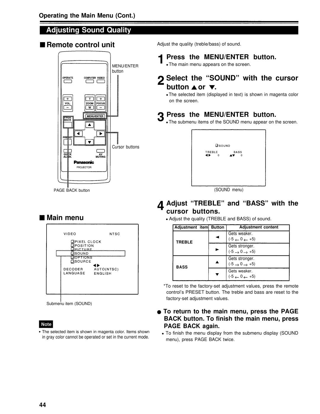 Panasonic PT-D995U operating instructions Adjusting Sound Quality, Select the Sound with the cursor button or 