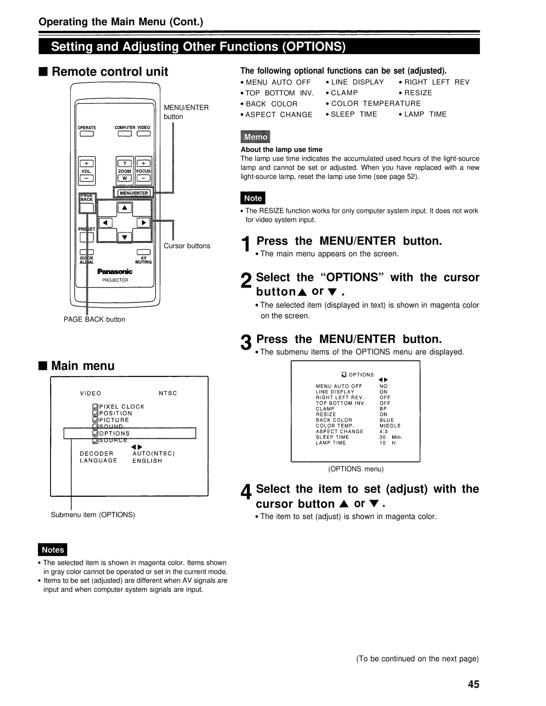 Panasonic PT-D995U operating instructions Setting and Adjusting Other Functions Options, Select the Options with the cursor 