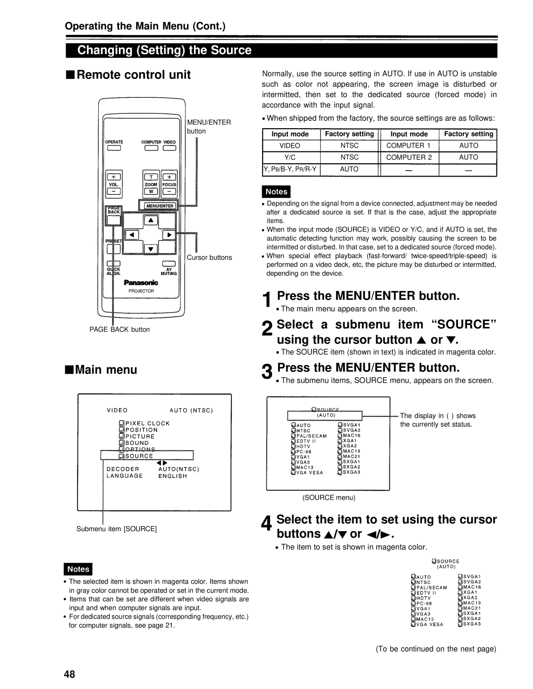 Panasonic PT-D995U Changing Setting the Source, Select a submenu item Source using the cursor button or 