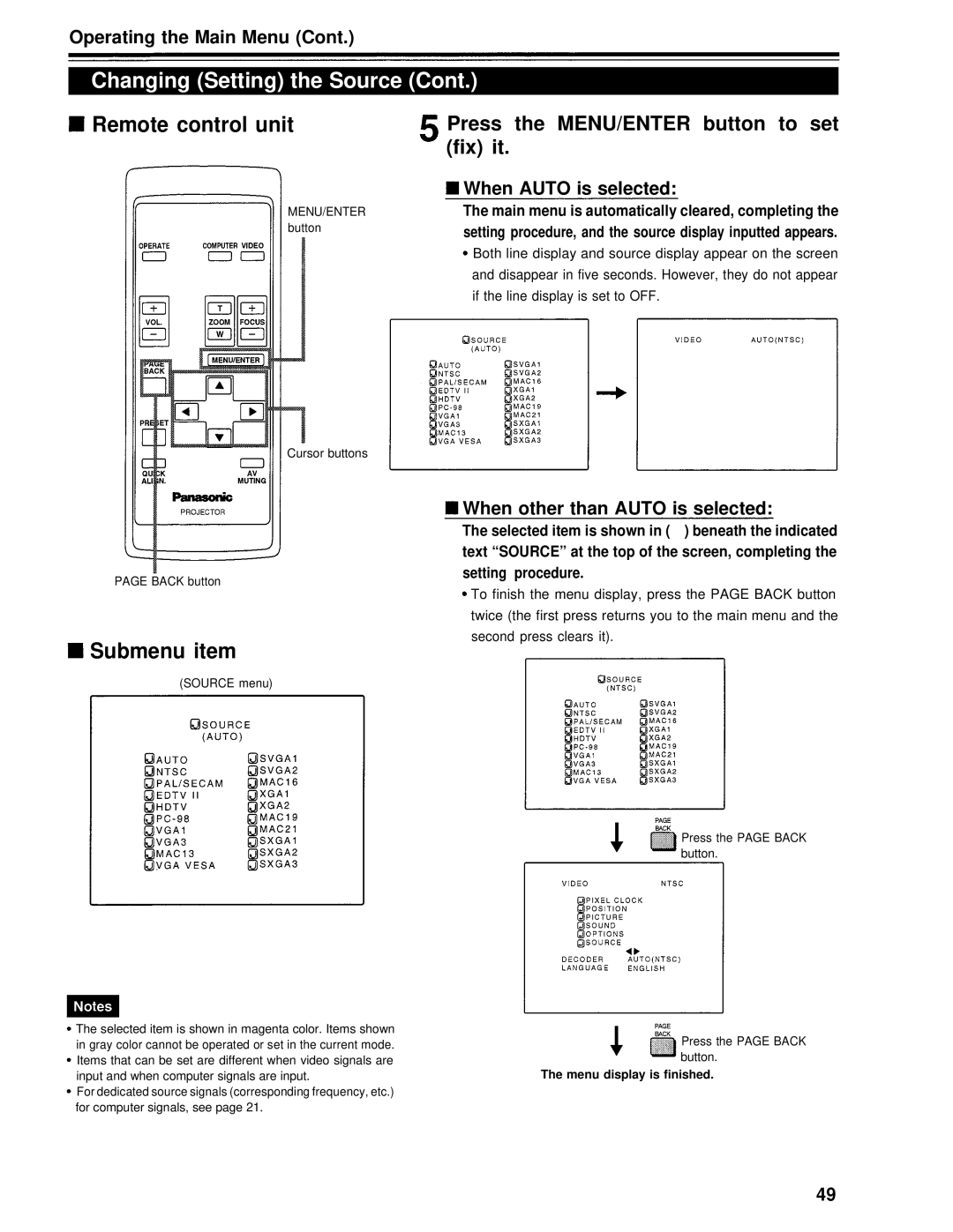 Panasonic PT-D995U operating instructions Submenu item, Press the MENU/ENTER button to set fix it, When Auto is selected 