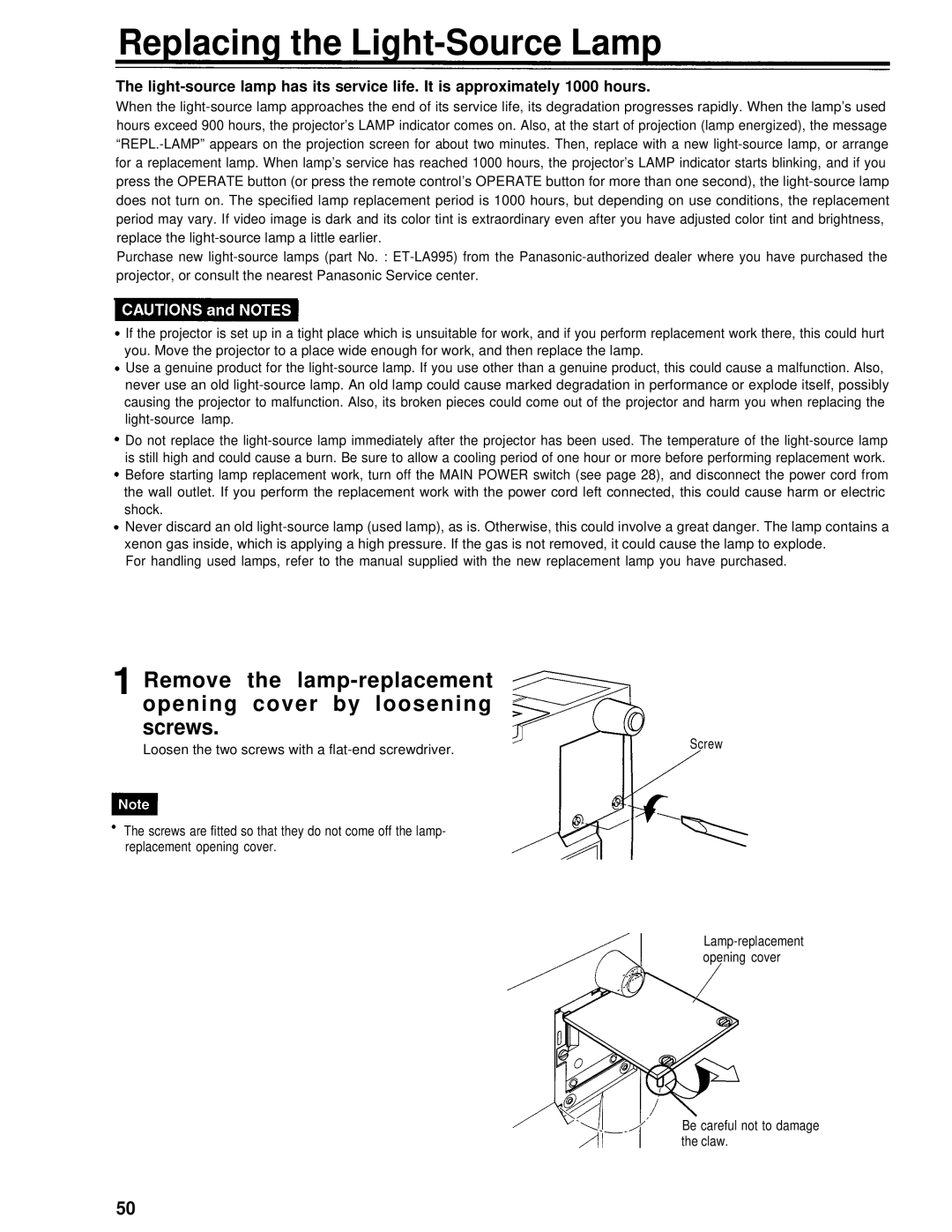 Panasonic PT-D995U Replacing the Light-Source Lamp, Loosen the two screws with a flat-end screwdriver 