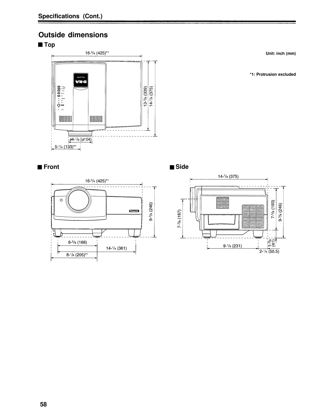 Panasonic PT-D995U operating instructions Outside dimensions, Top, Front, Unit inch mm Protrusion excluded 