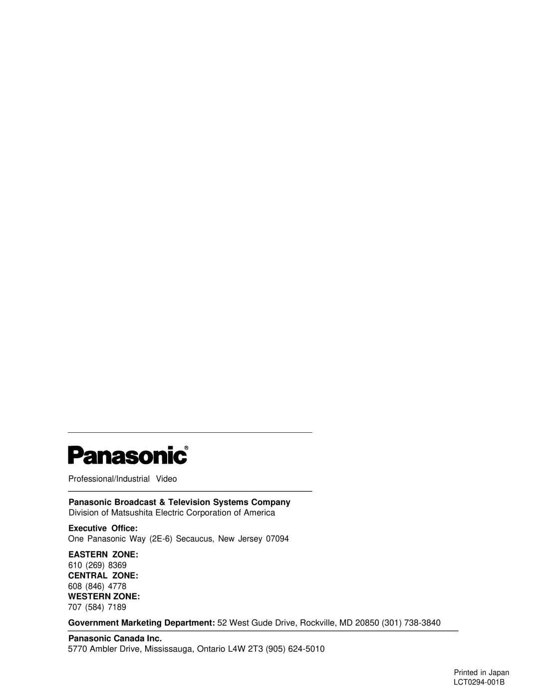 Panasonic PT-D995U Panasonic Broadcast & Television Systems Company, Executive Office, Panasonic Canada Inc, LCT0294-001B 