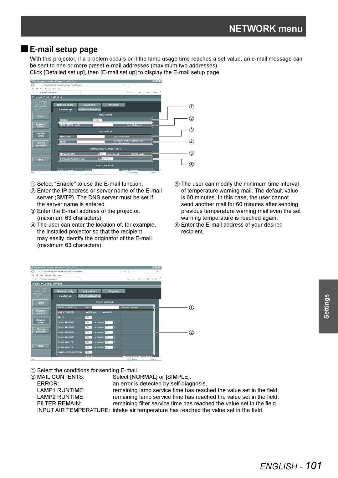 Panasonic PT-DW8300U, PT-DS8500U, PT-DS8500E, PT-DZ8700U, PT-DZ8700E, PT-DW8300E manual JJE-mail setup 