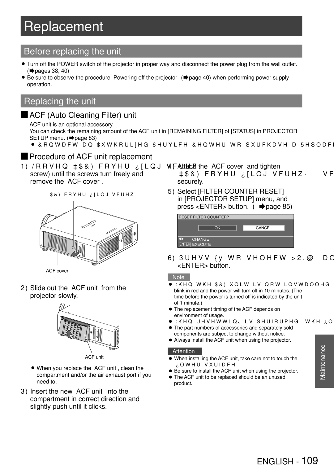 Panasonic PT-DS8500E manual Replacement, Before replacing the unit, Replacing the unit, Jjacf Auto Cleaning Filter unit 