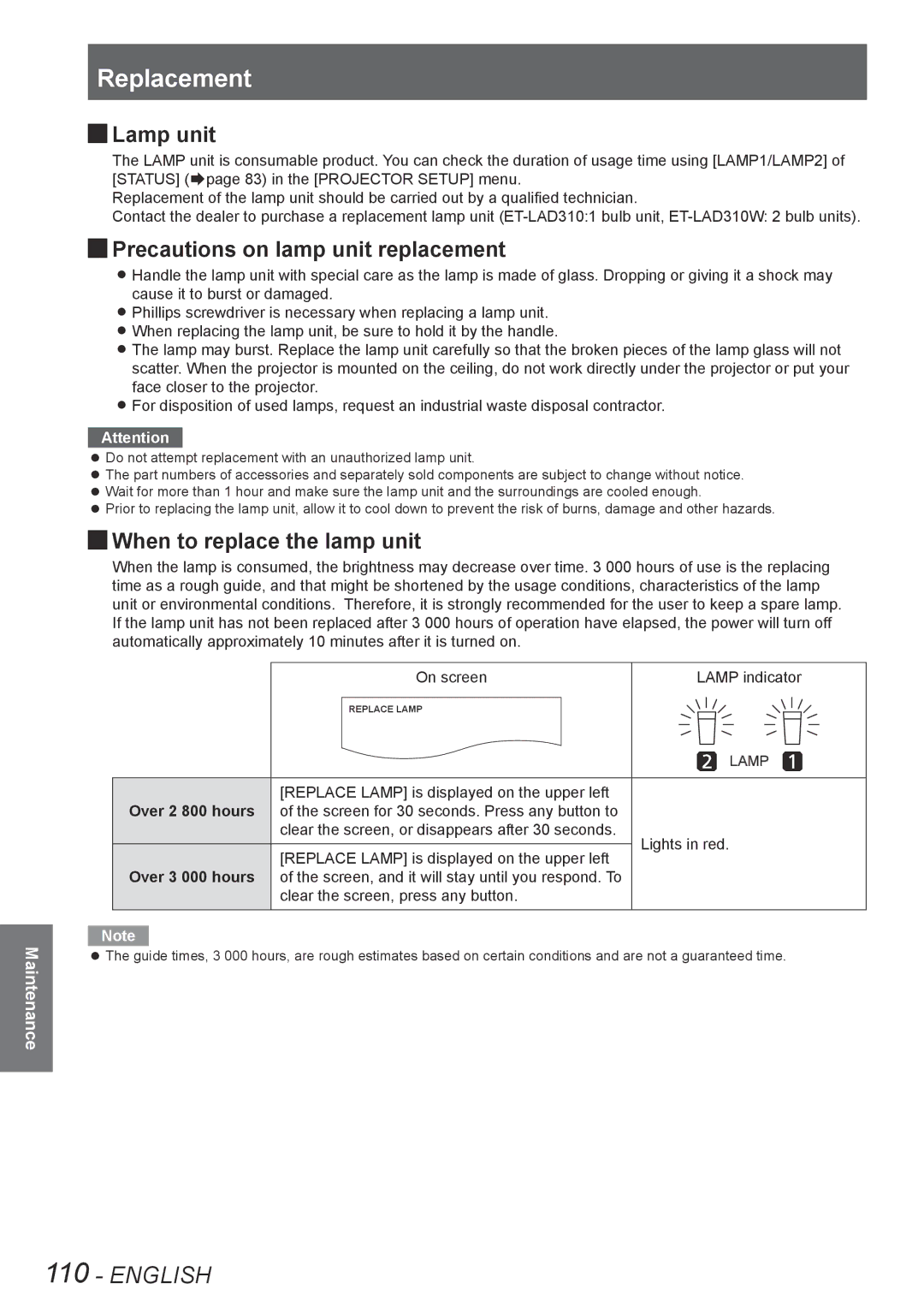 Panasonic PT-DZ8700U Replacement, JJLamp unit, JJPrecautions on lamp unit replacement, JJWhen to replace the lamp unit 