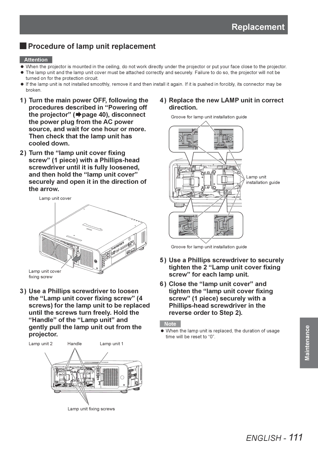 Panasonic PT-DZ8700E, PT-DS8500U manual JJProcedure of lamp unit replacement, Replace the new Lamp unit in correct direction 