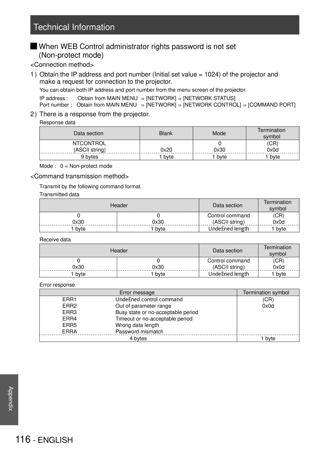 Panasonic PT-DZ8700U, PT-DS8500U, PT-DS8500E, PT-DZ8700E manual Technical Information, Response data Data section Blank Mode 